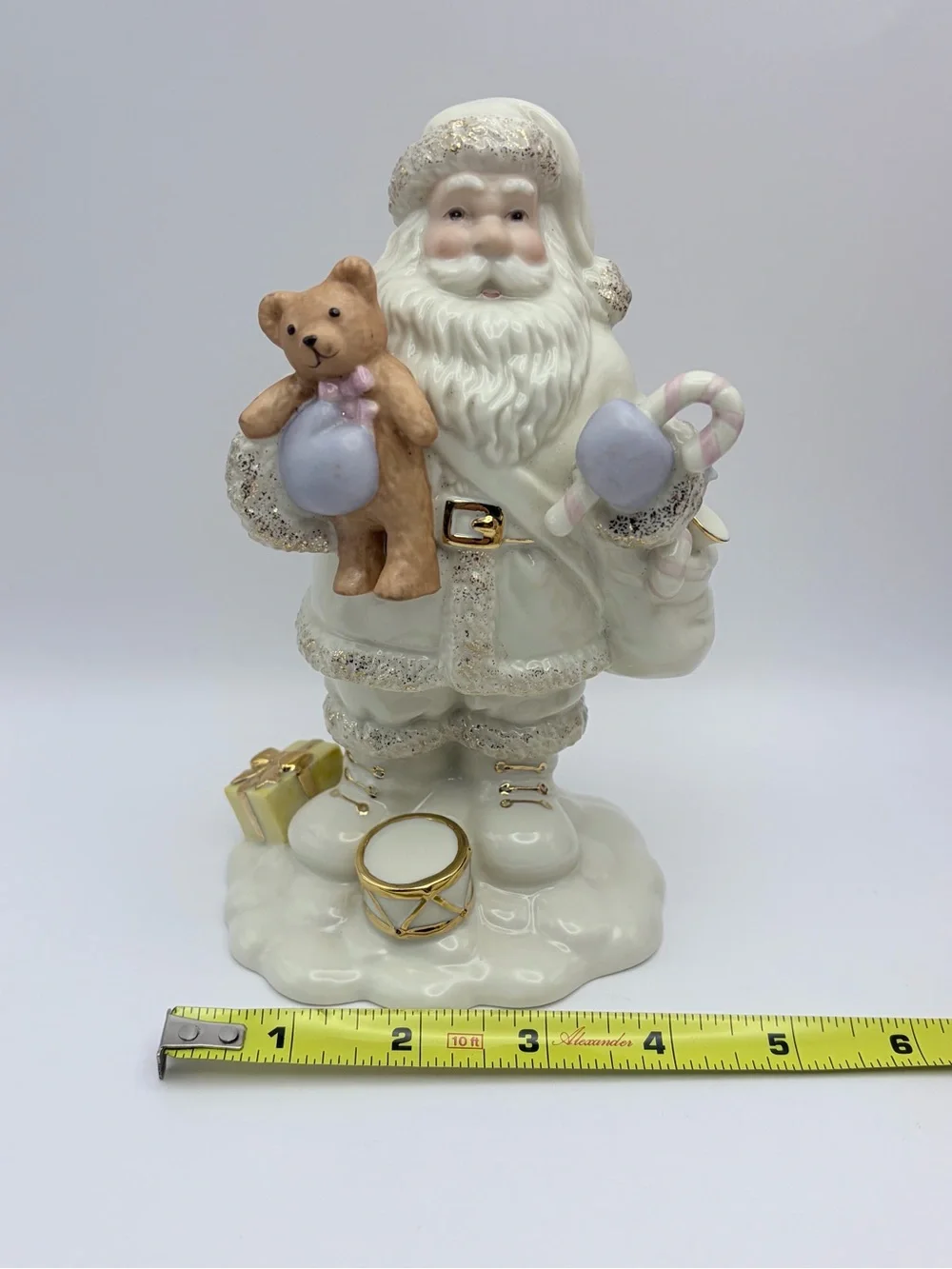 Lenox Santa Figurine, Violet/Gold Trim, Sack of Toys, Teddy Bear, Drum. So cute!